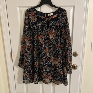 UMGEE dress size XL navy blue floral flare sleeves cotton & polyester lined